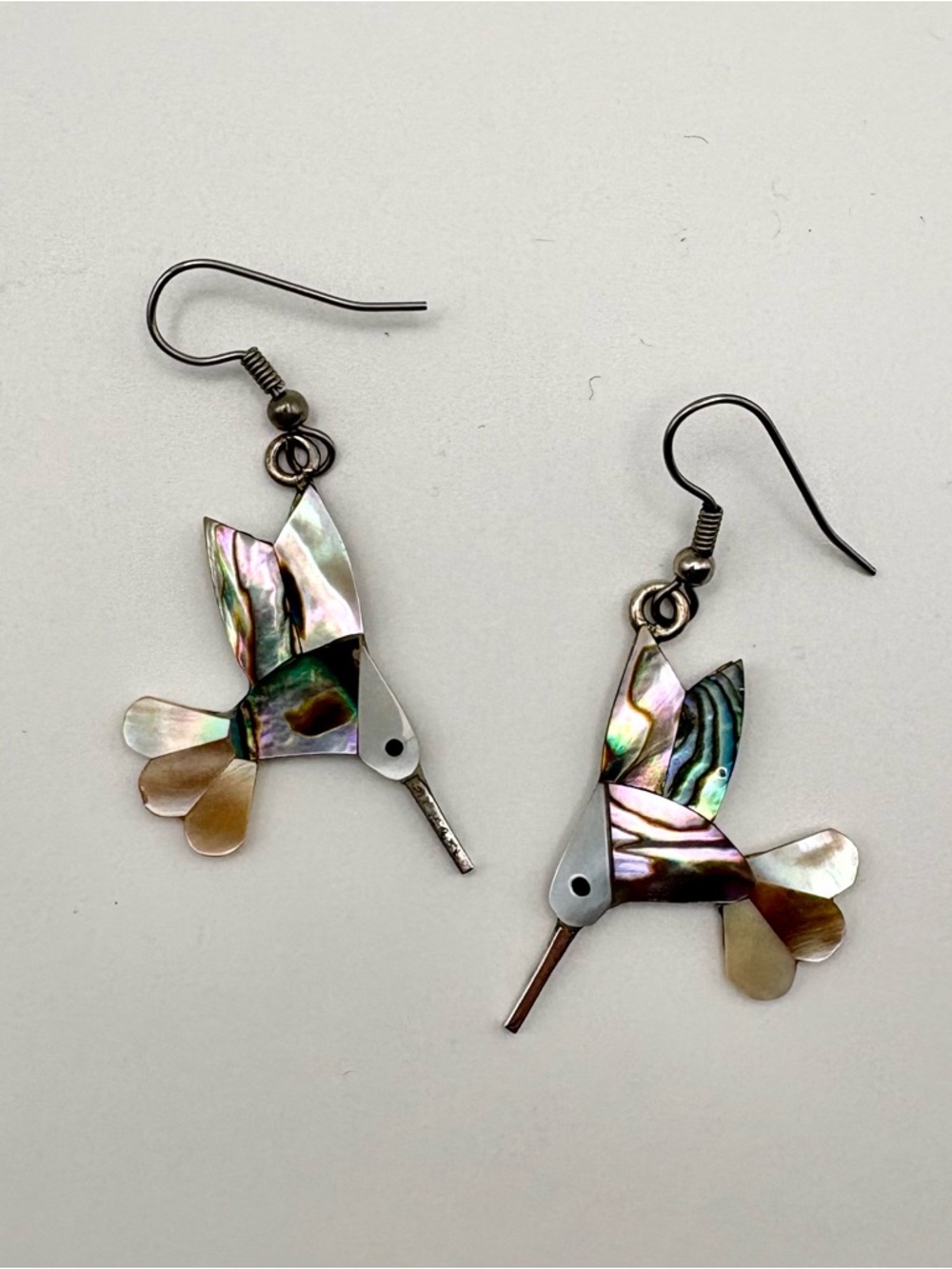 Handmade Alpaca Mexico Hummingbird Abalone and Mother of Pearl Dangle Earrings